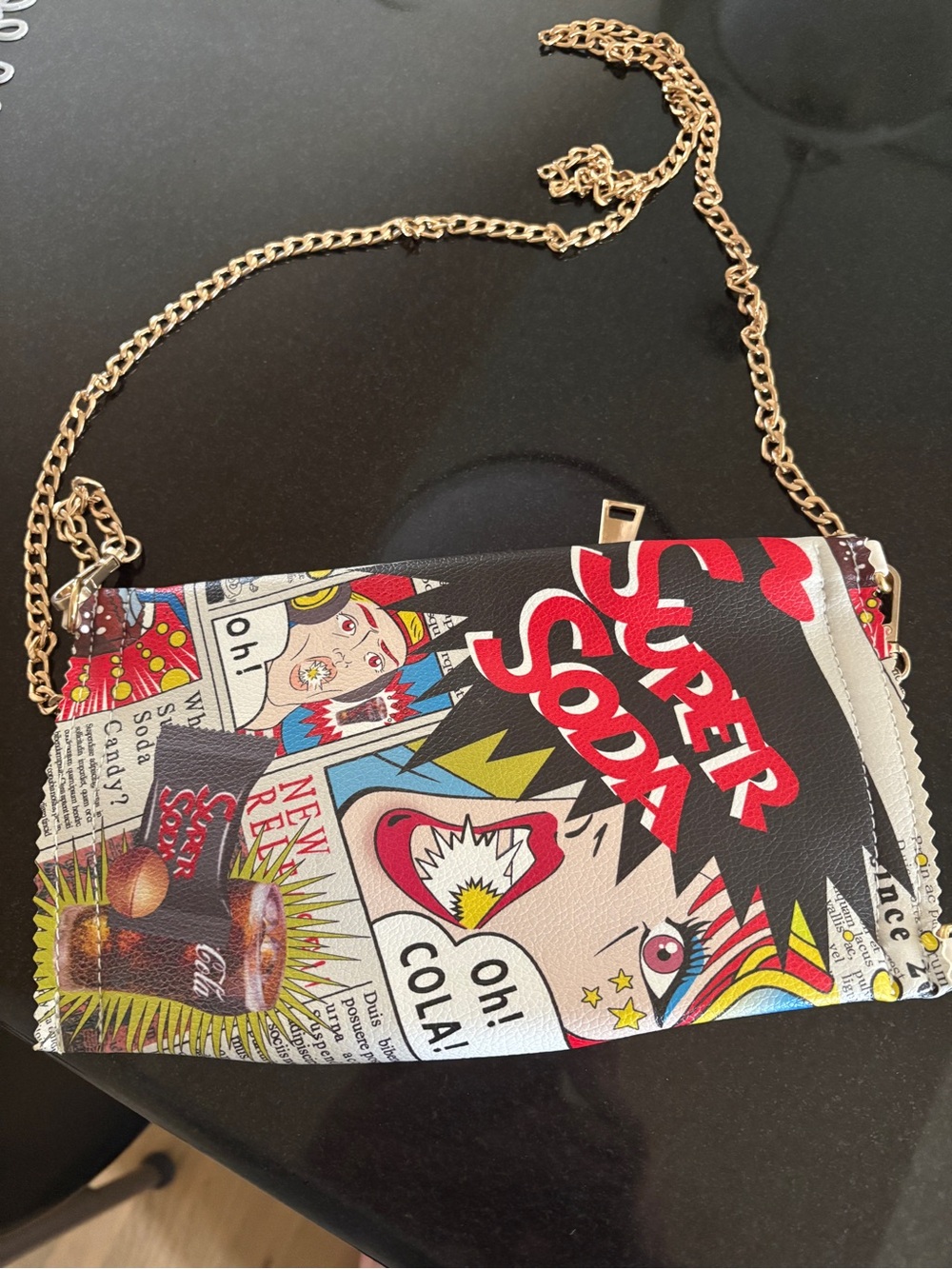 Pop Art Comic Print Crossbody Bag with Gold Chain Strap - Multi-Color